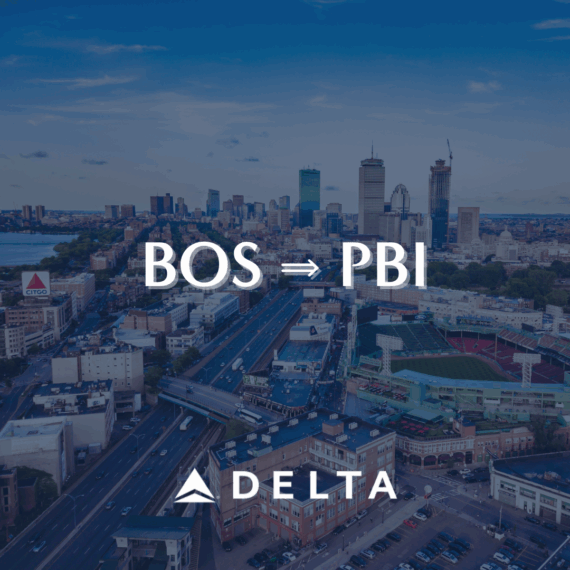 Aerial view of Boston with the skyline in the background. Text overlay reads “BOS ⇒ PBI” above the Delta Air Lines logo, indicating a flight route from Boston to West Palm Beach.