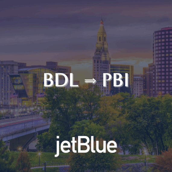Downtown cityscape at sunset with BDL ⇒ PBI and jetBlue written over the image, indicating a flight route.