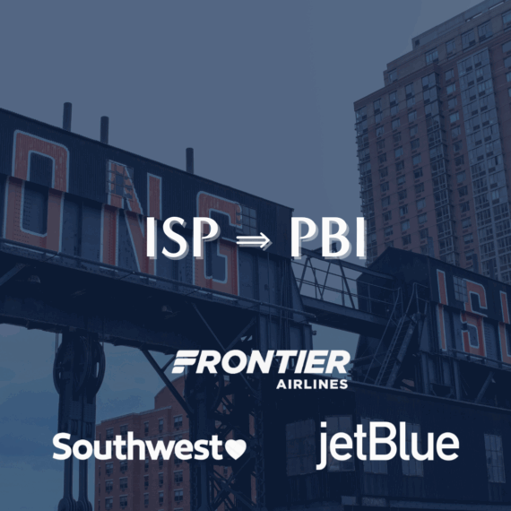 Text showing ISP ⇒ PBI above the logos of Frontier Airlines, Southwest, and JetBlue, with a cityscape and metal structure in the background.