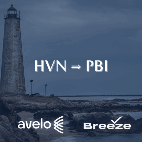 A tall lighthouse stands on a rocky shore under a cloudy sky. Text in the center reads “HVN ⇒ PBI.” Logos for Avelo and Breeze airlines are at the bottom.