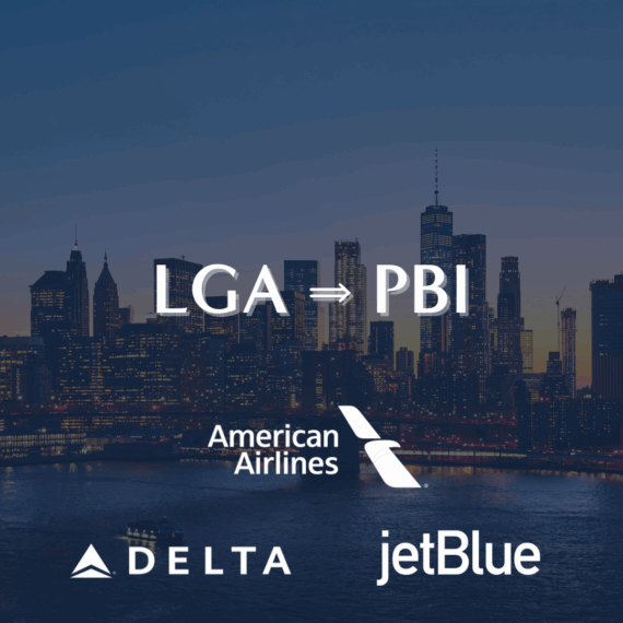 Text LGA ⇒ PBI over a city skyline at dusk, with logos for American Airlines, Delta, and JetBlue below, suggesting flights from LaGuardia to Palm Beach by these airlines.