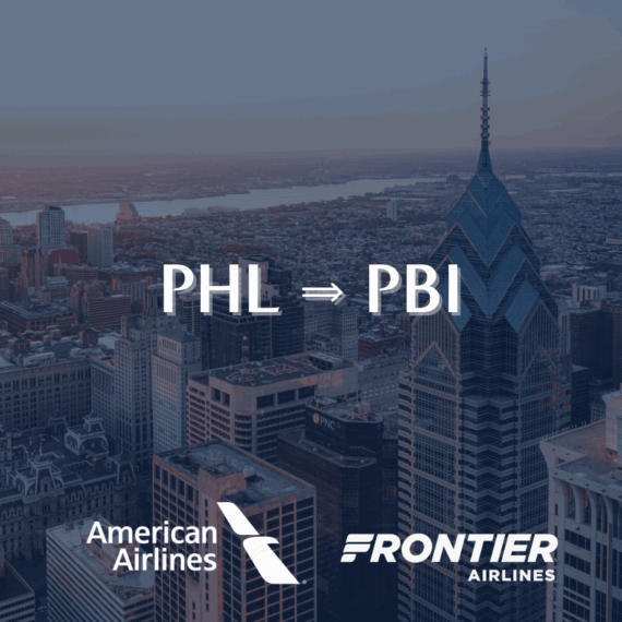A cityscape of Philadelphia with text reading PHL ⇒ PBI over the image, and American Airlines and Frontier Airlines logos at the bottom.