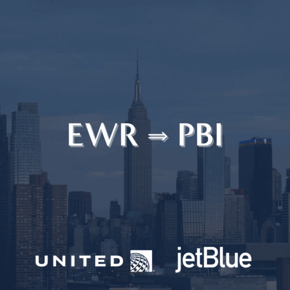 Text over a city skyline reads “EWR ⇒ PBI.” The United and jetBlue airline logos appear at the bottom. The Empire State Building is visible in the background.
