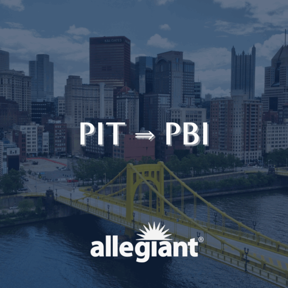 A city skyline with tall buildings and a yellow bridge over a river. Text on the image reads PIT ⇒ PBI and allegiant with a sunburst logo.