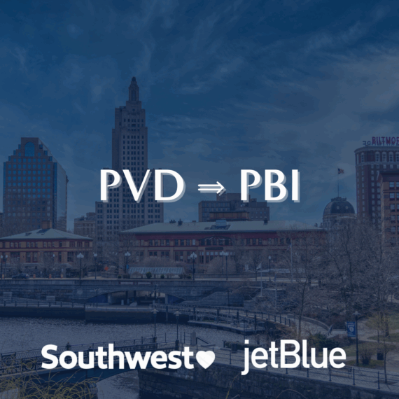 Downtown Providence cityscape with text PVD ⇒ PBI overlaid, and Southwest and JetBlue logos at the bottom, indicating flights from Providence to West Palm Beach.