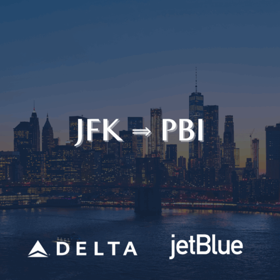 Text over a city skyline at dusk reads JFK → PBI, with Delta and JetBlue logos beneath, representing flights from New York JFK to West Palm Beach PBI.