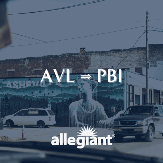 Street view with cars passing a mural of a person and forest in Asheville, NC. Text reads AVL ⇨ PBI and allegiant®, suggesting a flight route from Asheville to West Palm Beach on Allegiant Air.