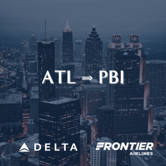 An urban skyline at dusk with ATL ⇨ PBI in the center. Delta and Frontier Airlines logos appear at the bottom, suggesting flights between Atlanta (ATL) and West Palm Beach (PBI).