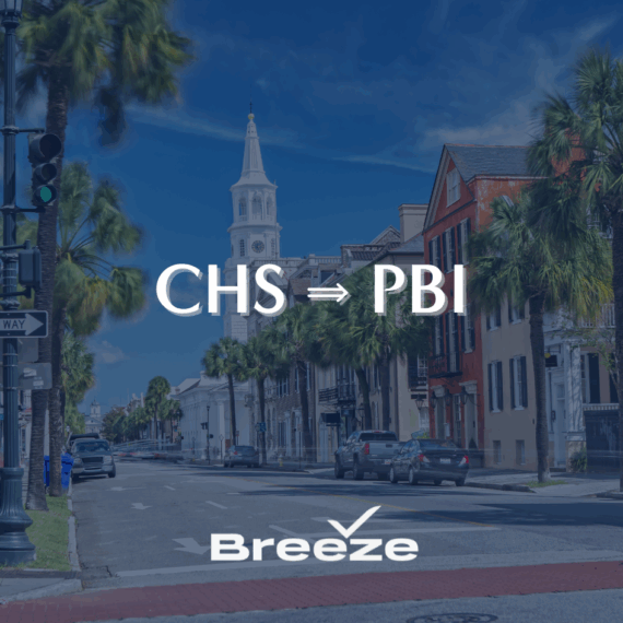 A sunny street lined with palm trees and historic buildings, with large text reading CHS ⇨ PBI and the Breeze Airways logo below, indicating a flight route announcement.