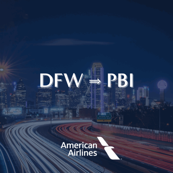 Night view of a city skyline with light trails from cars, displaying the text “DFW ⇒ PBI” and the American Airlines logo at the bottom.
