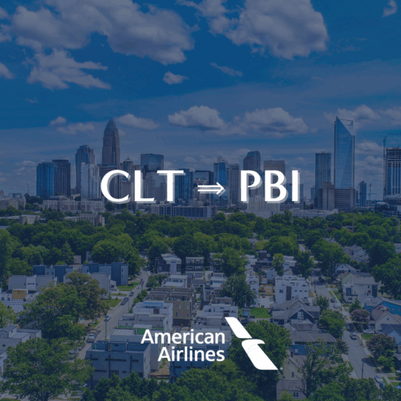 A city skyline with CLT ⇨ PBI in large text, and the American Airlines logo below, indicating a flight route from Charlotte to West Palm Beach.