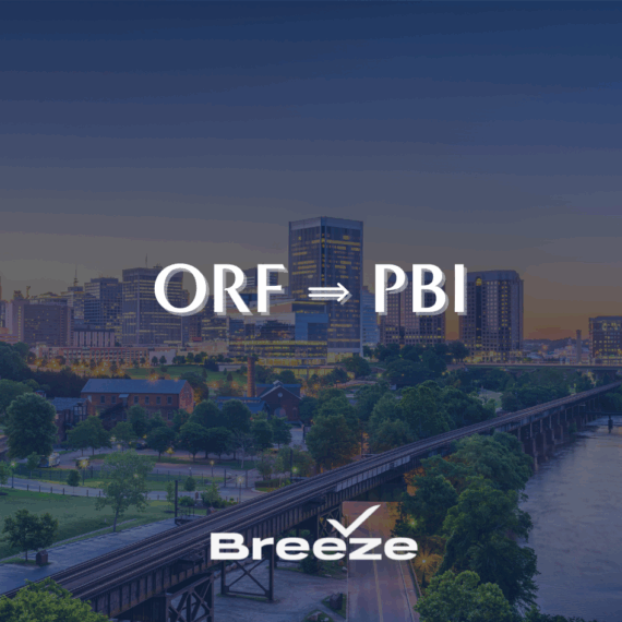 Evening skyline of a city with trees and a river in the foreground. ORF ➔ PBI is written in large letters above the Breeze airline logo.