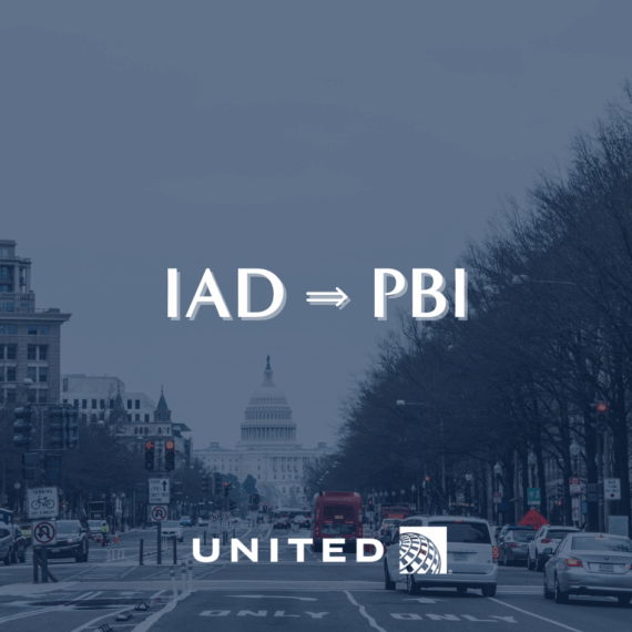 Street view of Washington, D.C. with the Capitol building in the background. Text reads “IAD ⇒ PBI” and “United,” indicating a flight route from Washington Dulles to West Palm Beach on United Airlines.