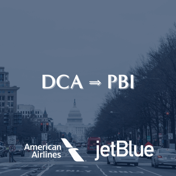 A city street view with the U.S. Capitol in the background. Text in the center reads DCA ⇒ PBI, with American Airlines and JetBlue logos at the bottom.