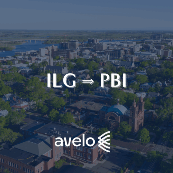 Aerial view of a city with trees and buildings, featuring large text ILG ⇒ PBI in the center and the Avelo Airlines logo at the bottom.