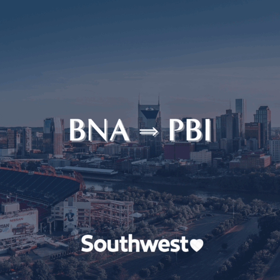 A city skyline with BNA ⇒ PBI in large text across the center and the Southwest Airlines logo at the bottom, indicating a flight route from Nashville to West Palm Beach.
