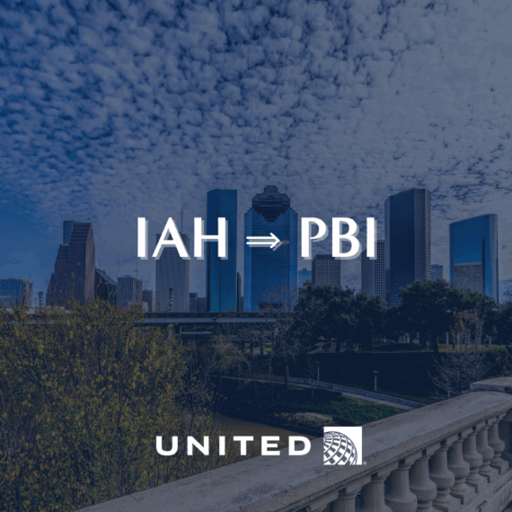 Houston skyline under a partly cloudy sky with text IAH ⇒ PBI and United Airlines logo, indicating a flight route from Houston (IAH) to West Palm Beach (PBI).