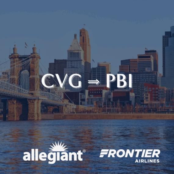 The image shows a city skyline and bridge with the text CVG ⇒ PBI in the center. At the bottom are the Allegiant and Frontier Airlines logos.