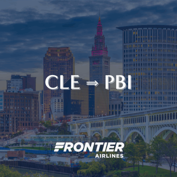 City skyline with historic and modern buildings at dusk. Text over the image reads CLE ⇒ PBI and Frontier Airlines, suggesting a flight route from Cleveland (CLE) to West Palm Beach (PBI).