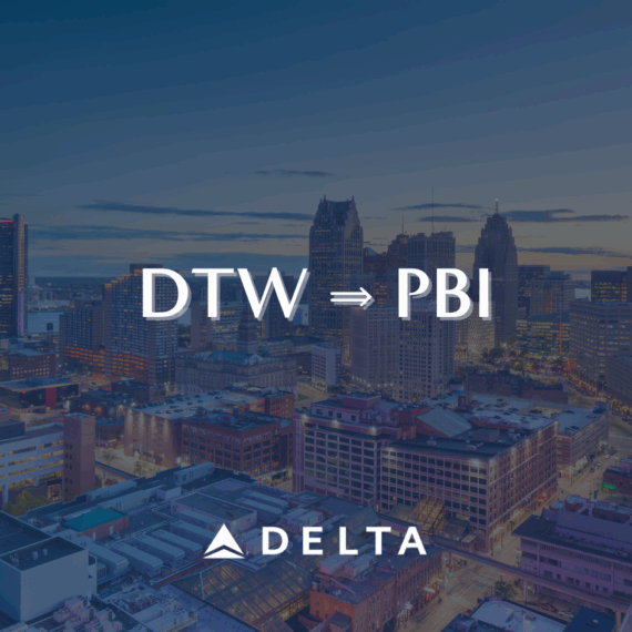 A city skyline at dusk with the text DTW ⇒ PBI and the Delta Air Lines logo below, indicating a flight route from Detroit to West Palm Beach.