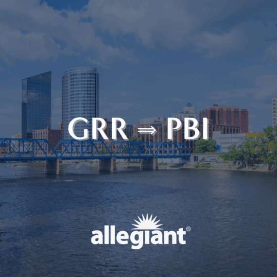 A city skyline with a blue bridge over a river, featuring the text GRR ⇒ PBI and the Allegiant logo at the bottom.
