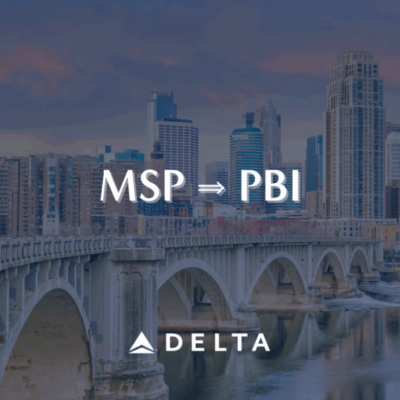 A city skyline with tall buildings behind a river and bridge, with white text MSP ➔ PBI and the Delta Air Lines logo below.