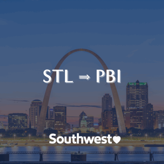 The Gateway Arch with a city skyline at dusk. Text reads STL ⇨ PBI above the arch, and Southwest♥ is written below.