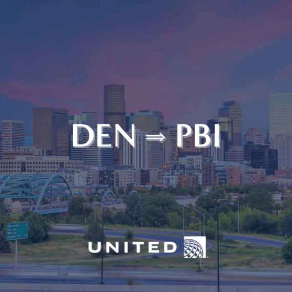 Skyline of a modern city at dusk with the text DEN → PBI in white letters across the center. The United Airlines logo appears at the bottom of the image.