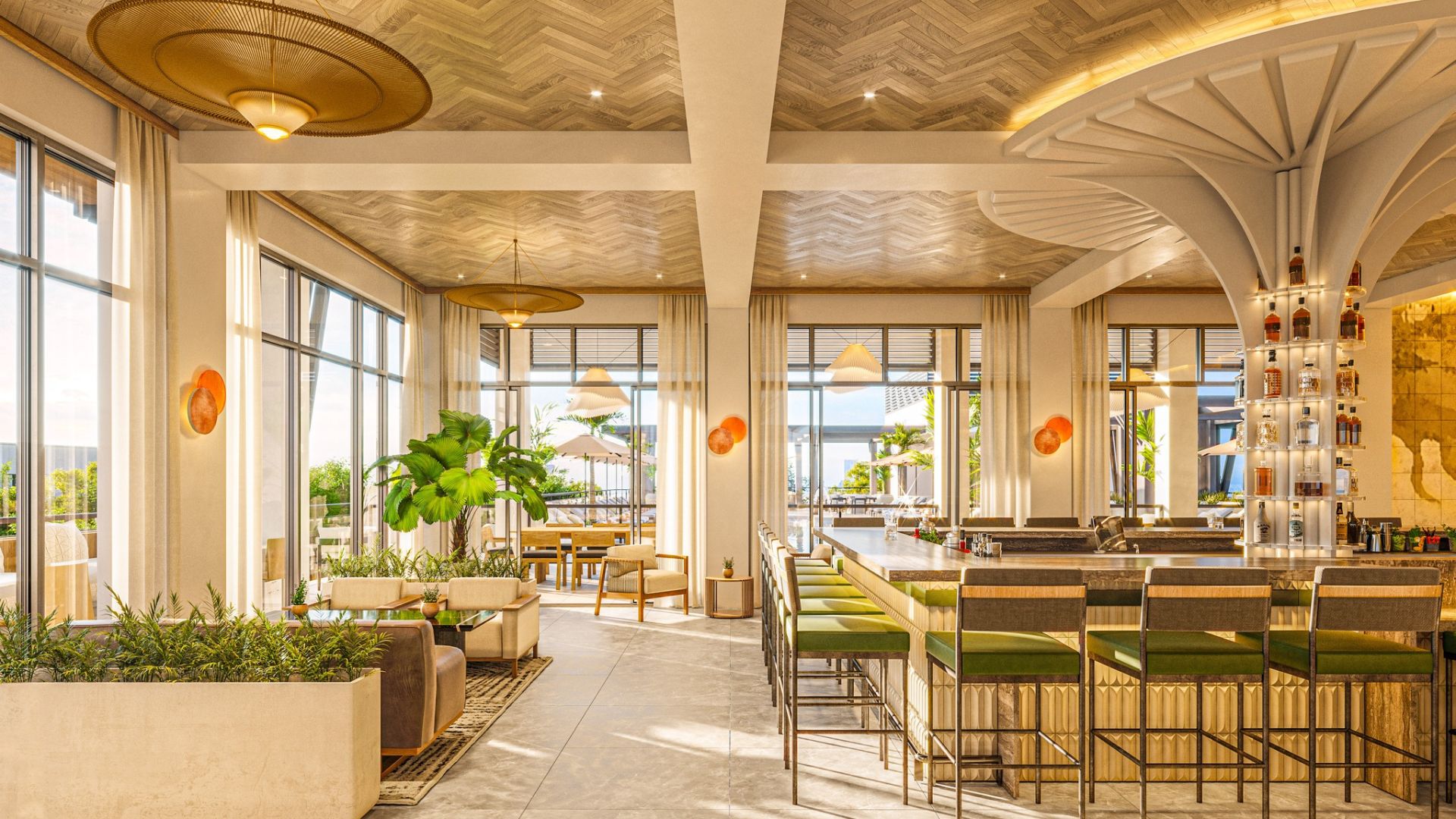 A modern, airy restaurant interior inspired by top Naples bars, featuring large windows, green bar stools, elegant lighting, a central bar with shelves, potted plants, and comfortable seating in neutral tones with gold and green accents.