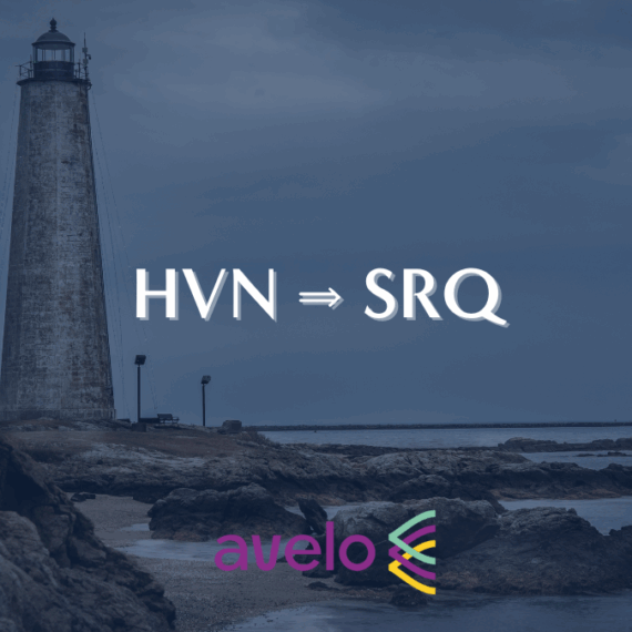 A tall lighthouse stands by the rocky shore under a cloudy sky. Text in the center reads HVN ⇒ SRQ. At the bottom, the Avelo Airlines logo is displayed.