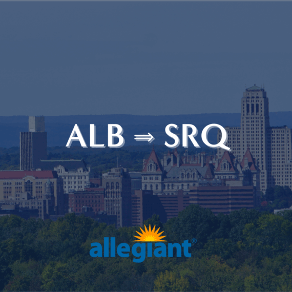 Skyline with historic and modern buildings, text reads ALB ⇒ SRQ above the Allegiant logo, suggesting a flight route between Albany and Sarasota.