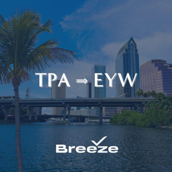 A cityscape with tall buildings and palm trees by the water, text reads TPA ⇒ EYW above the Breeze Airways logo.
