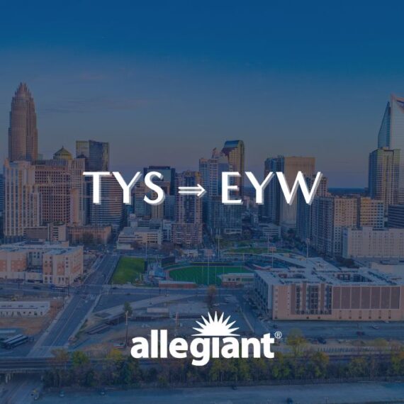 A city skyline at sunset with TYS ⇒ EYW in the center and the Allegiant Air logo at the bottom, indicating a flight route announcement.