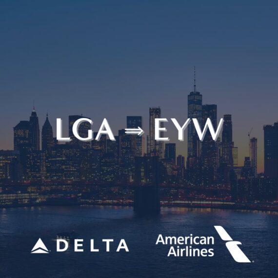 City skyline at sunset with text LGA ⇒ EYW in the center, and Delta and American Airlines logos at the bottom.