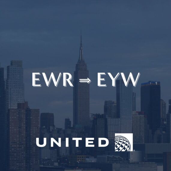 Text EWR ⇒ EYW and the United Airlines logo are overlaid on a cityscape with skyscrapers, including the Empire State Building, against a cloudy sky.