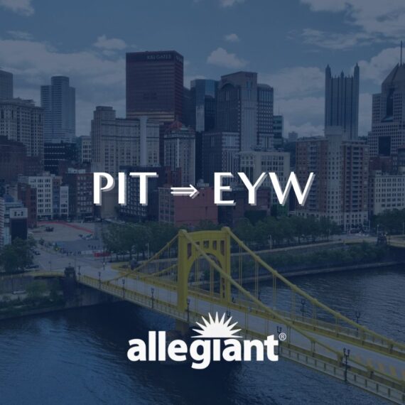 The image features a city skyline with a yellow bridge over a river in the foreground. Text in the center reads “PIT → EYW” above the Allegiant logo, indicating a flight route from Pittsburgh to Key West.