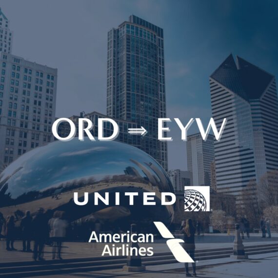 Text overlay on a cityscape with skyscrapers and the Cloud Gate sculpture (The Bean) in Chicago, displaying “ORD ⇒ EYW” above United and American Airlines logos.