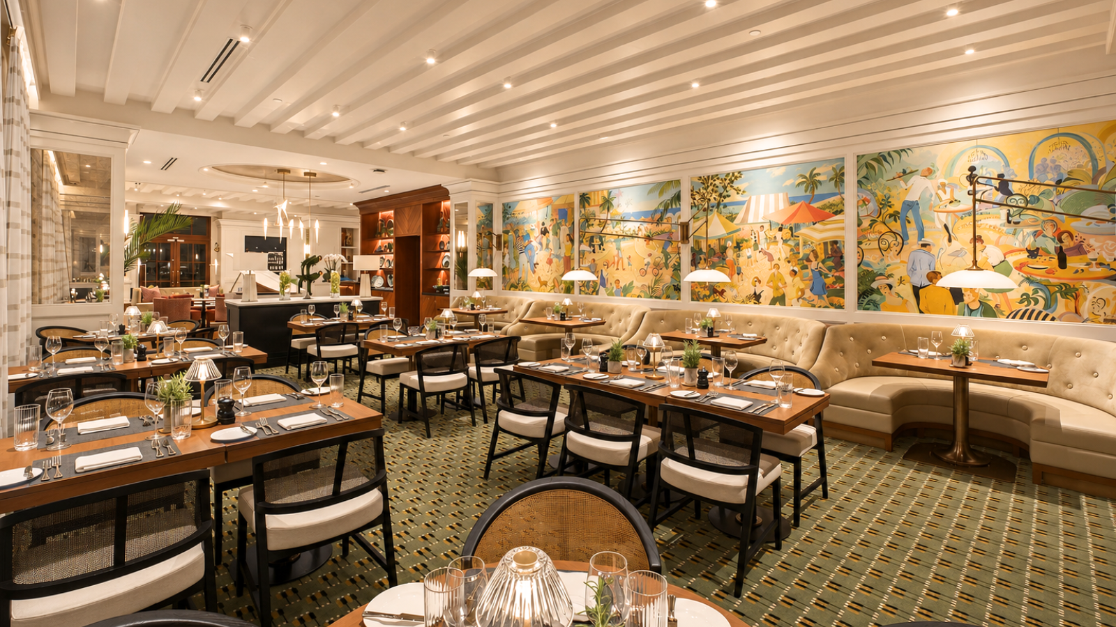 Elegant restaurant interior with cushioned booths, wooden tables set for dining, green patterned carpet, and a colorful mural covering the wall. Warm lighting and decorative plants create a welcoming atmosphere.