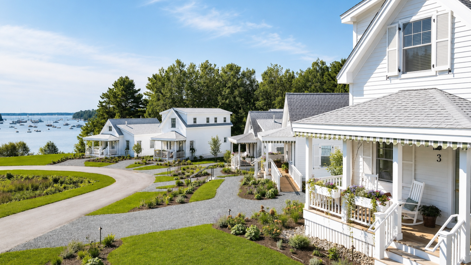 A row of charming white cottages with front porches lines a curved path, surrounded by green lawns and gardens, with a view of water and boats in the background on a sunny day.
