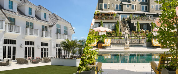 A split image showing a white modern house with lawn and patio furniture on the left, and a luxury hotel with balconies and a pool surrounded by loungers and greenery on the right.