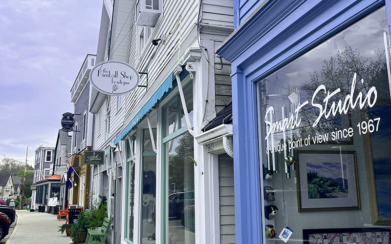 A row of colorful storefronts, including art studios and shops, lines a small-town street under a cloudy sky, evoking the charm featured in the Northeast Harbor Guide: Best Activities & Attractions. Signs and window displays are visible, inviting visitors to explore the vibrant local scene.