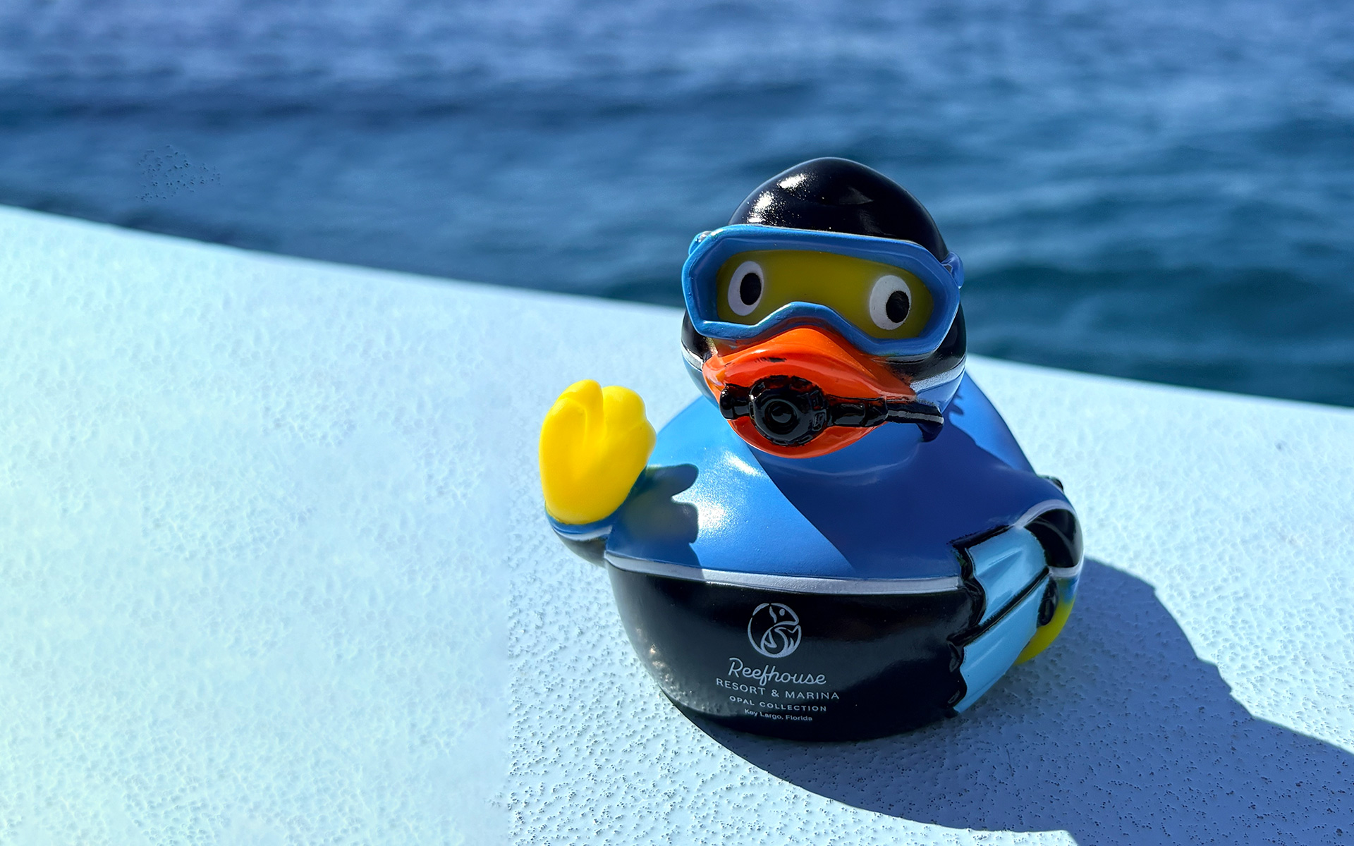 A rubber duck dressed as a scuba diver sits on a light blue surface with ocean water in the background.