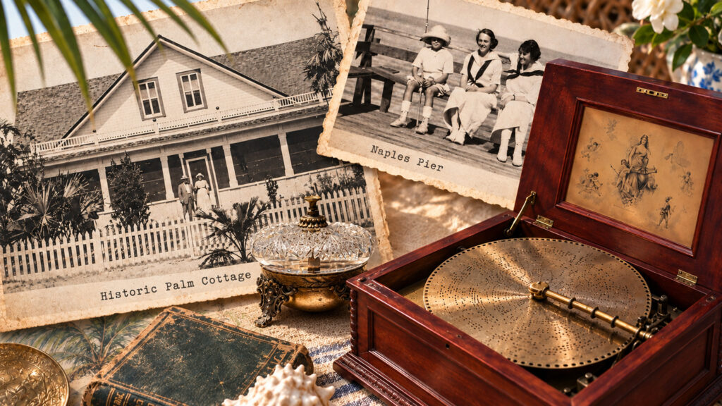 Vintage photos, a crystal dish, an old book, seashells, and an ornate wooden music box with a metal disc sit on a table, evoking a nostalgic, historic atmosphere.