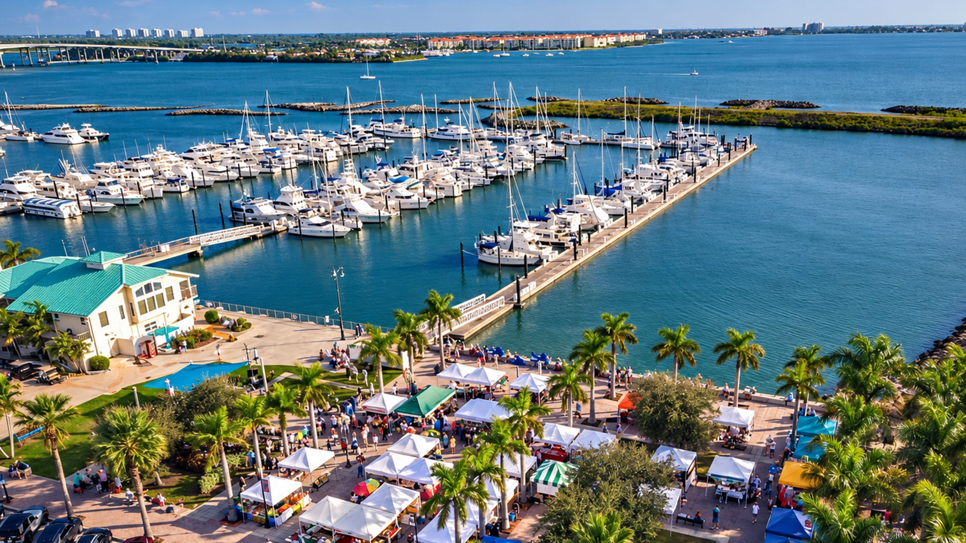 Aerial view of an outdoor market with white tents set up near a marina filled with boats and a bridge in the distance.