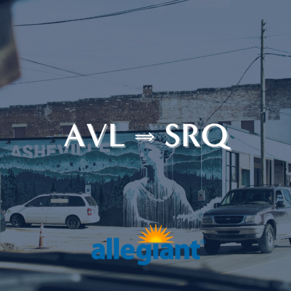 Street view from a vehicle showing a mural with a mans portrait and trees. Text overlay reads AVL ⇒ SRQ above an Allegiant logo. Several cars are parked or driving along the road.