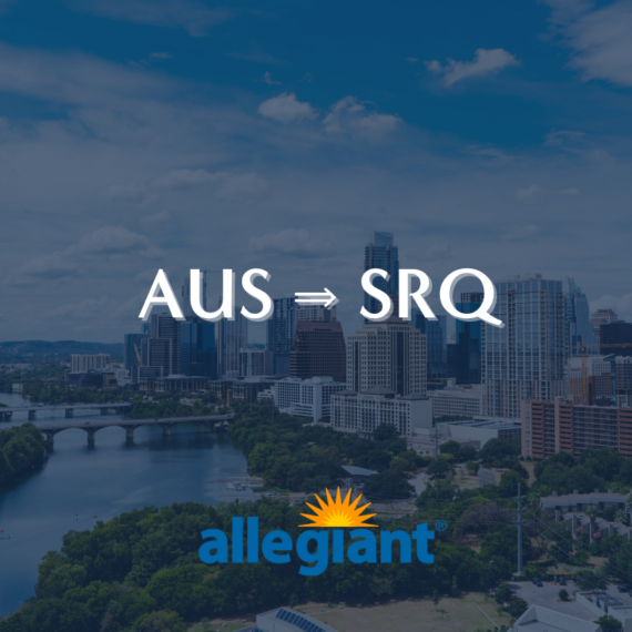 Skyline of a city with a river and bridge in the foreground. Text over the image reads AUS ⇒ SRQ with the Allegiant Air logo below.