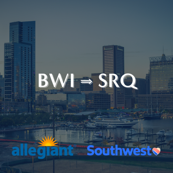 City skyline at dusk with buildings and waterfront. Text reads BWI ⇒ SRQ above logos for Allegiant and Southwest airlines.