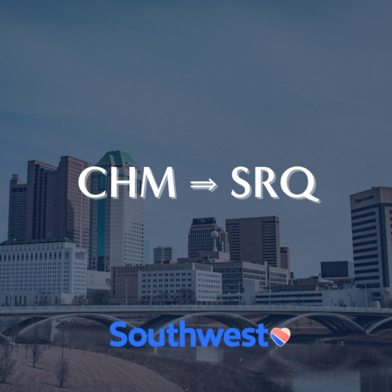 Skyline of a city with modern buildings, featuring text CHM ⇒ SRQ and a Southwest Airlines logo below.