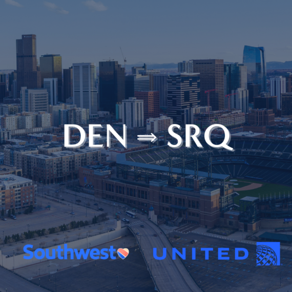 A skyline view of downtown Denver with prominent skyscrapers. Overlay text reads DEN ⇒ SRQ, indicating a Denver to Sarasota flight route. Logos of Southwest and United Airlines are at the bottom.