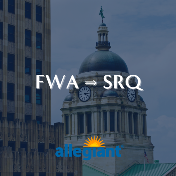 Image of a cityscape featuring a historic building with a dome and clock tower. Text overlays read FWA → SRQ and allegiant with the airlines logo. Background includes a tall modern building and a cloudy sky.
